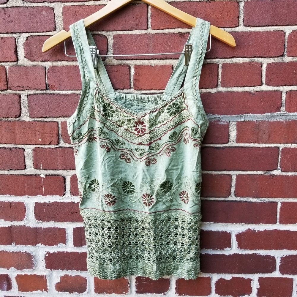 NWT Open Back Tank Top Embroidered Green Festival
